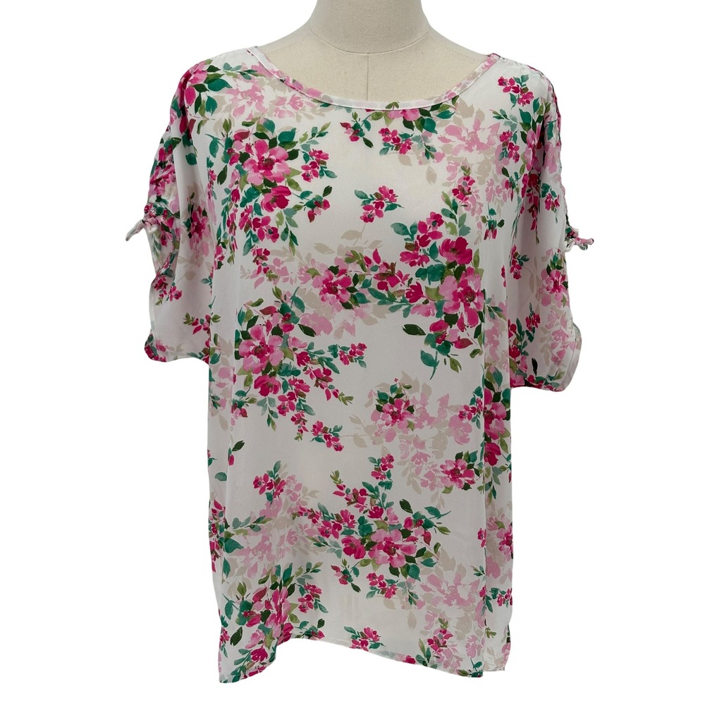 Counterparts Floral Blouse Pink Green Tie Sleeve Scoop Neck Large
